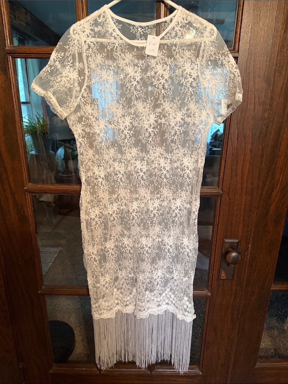 SHEIN White Floral Lace Midi Dress with Fringe Hem